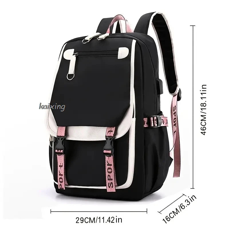 Schwarzes Canvas-Schulrucksack-Set mit rosa Akzenten von der Seite