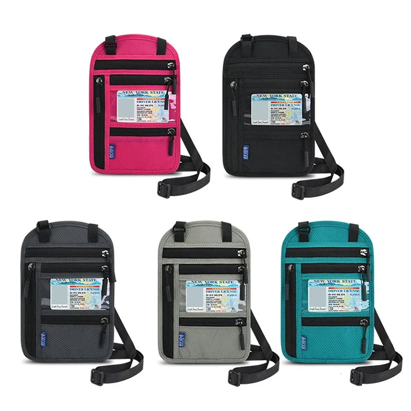 Three versions of an RFID blocking neck wallet in pink, black, and gray.