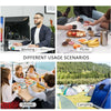 Insulated double-deck lunch bag shown in various usage scenarios including working, picnic, school, and camping.