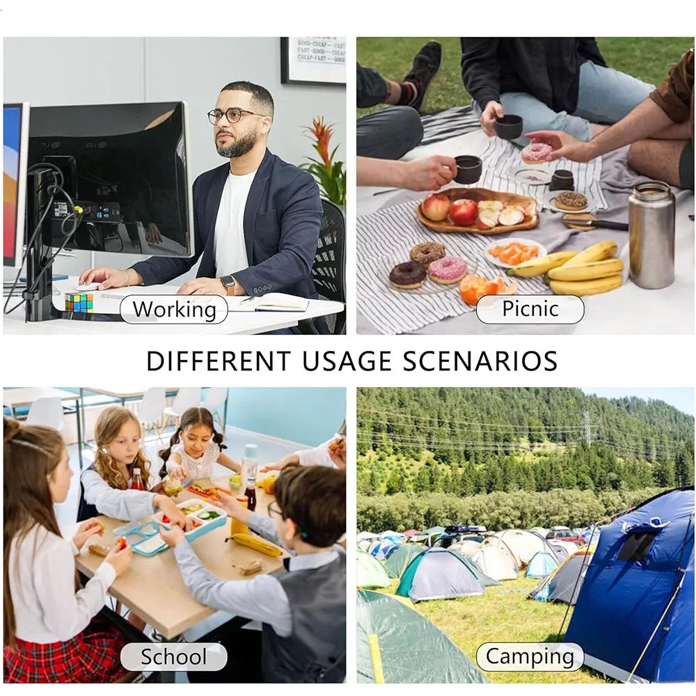 Insulated double-deck lunch bag shown in various usage scenarios including working, picnic, school, and camping.