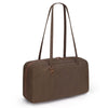 A brown leopard print nylon shoulder tote bag with long leather straps.