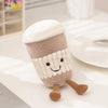 A beige cartoon character plush decor shaped like a cylinder with a white fluffy top and brown feet.