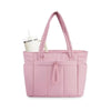 A pink quilted padded tote bag with a handle and multiple pockets is shown against a white background.