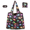 A reusable eco tote shopping bag featuring a dark background with colorful animal prints.
