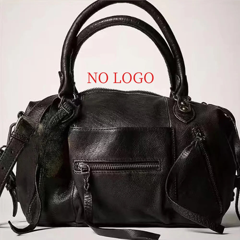 Black retro motorcycle PU leather crossbody shoulder bag with a top handle