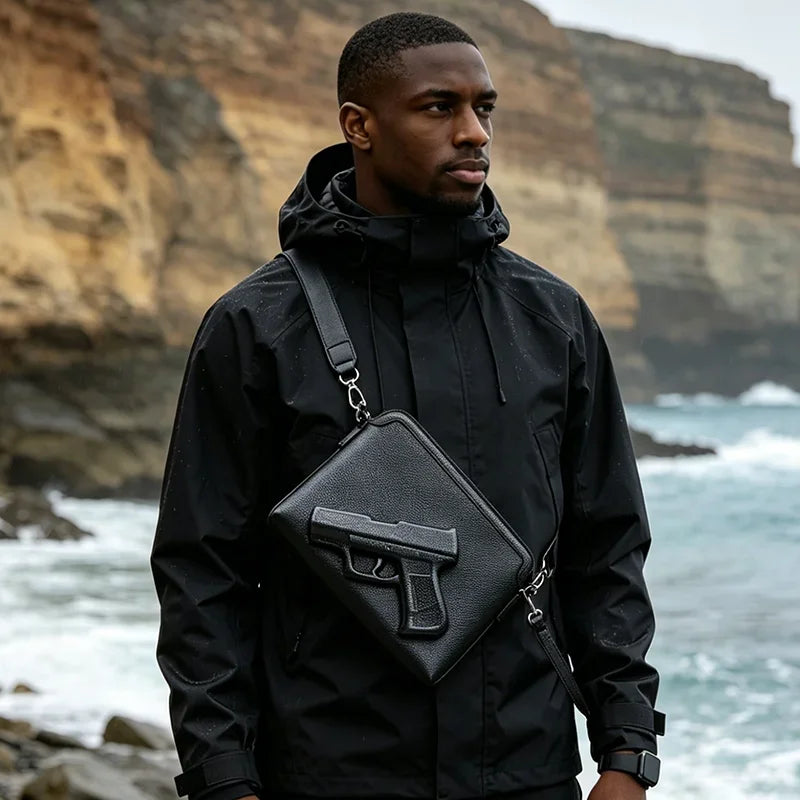 A man wearing a black jacket with a leather embossed crossbody clutch bag in an outdoor coastal setting.
