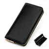 A black genuine leather zipper wallet shown in a diagonal view with an inset showing the interior.