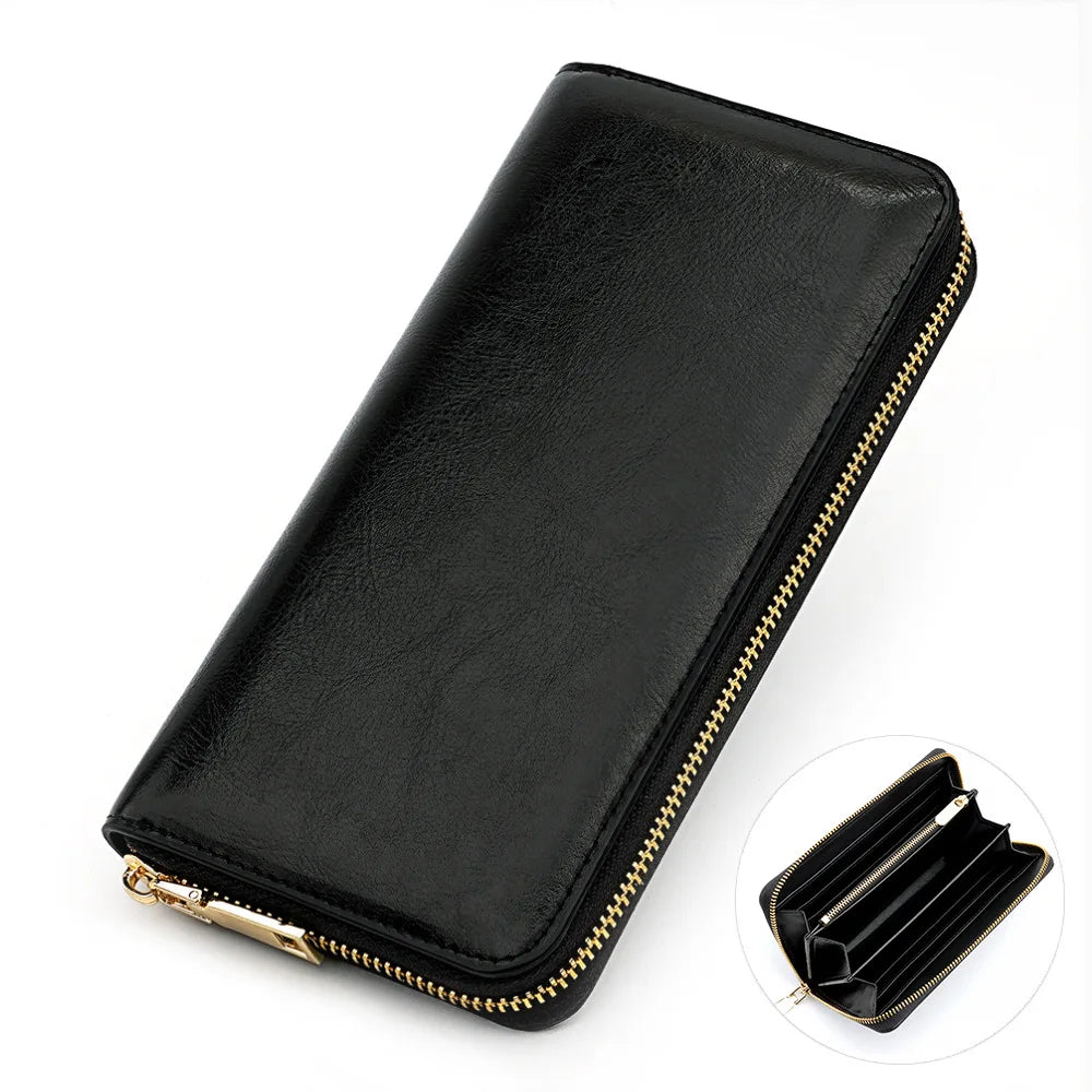 A black genuine leather zipper wallet shown in a diagonal view with an inset showing the interior.