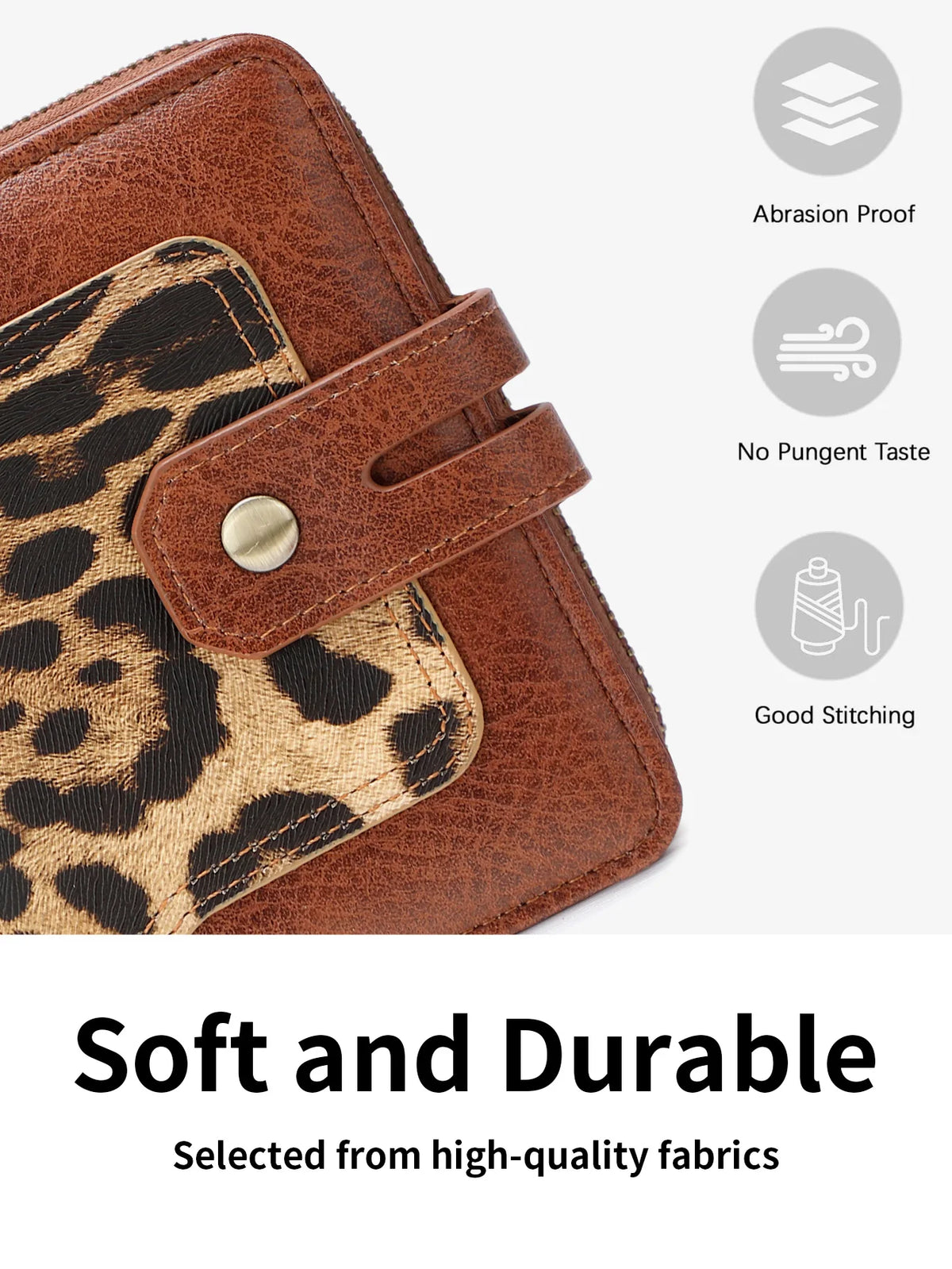 A close-up of a brown leopard print leather bi-fold wallet with a stitched closure.