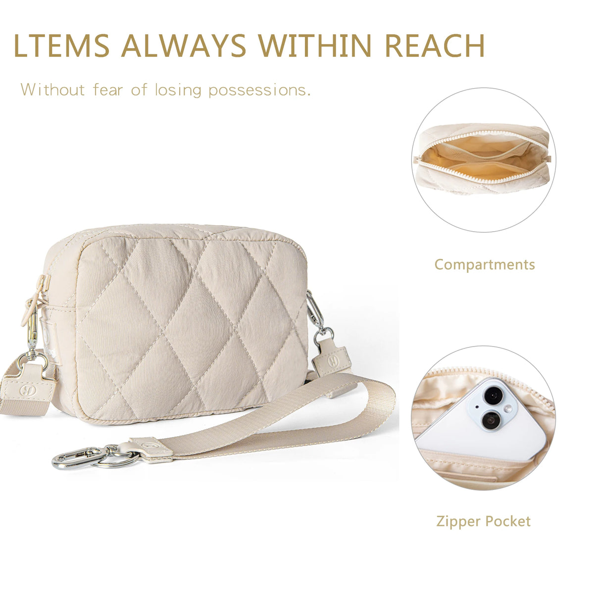 A beige quilted nylon wristlet wallet with a strap, showing compartments and a zipper pocket.