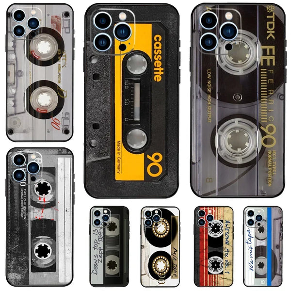 A collection of phone cases featuring vintage cassette tape designs and various color schemes.