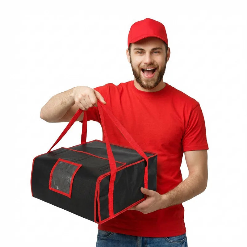 A man wearing a red cap and red shirt holds up a black insulated pizza delivery bag.