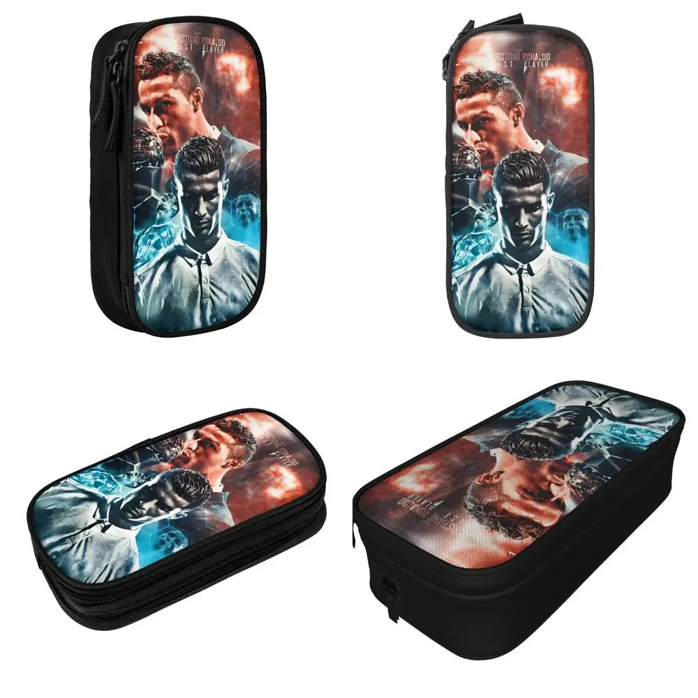 A black luxury leather pencil case featuring a dramatic movie poster design on the exterior.