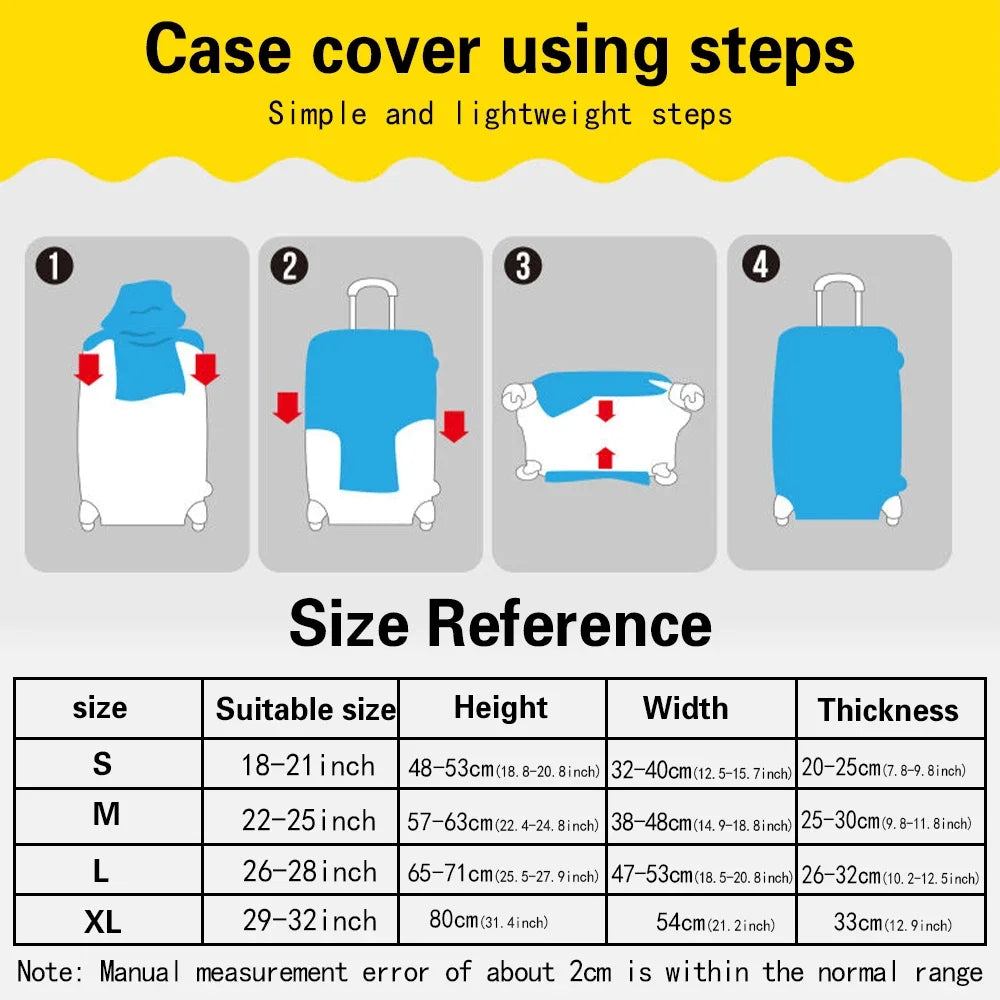 A four-step guide showing how to use a case cover for luggage, including size references for S, M, L, and XL sizes.