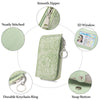 A light green ladies zip coin purse featuring a floral design, showing details like a smooth zipper, ID window, keychain ring