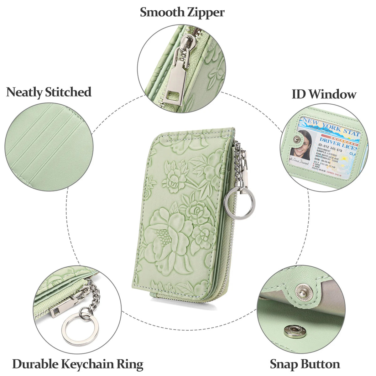 A light green ladies zip coin purse featuring a floral design, showing details like a smooth zipper, ID window, keychain ring