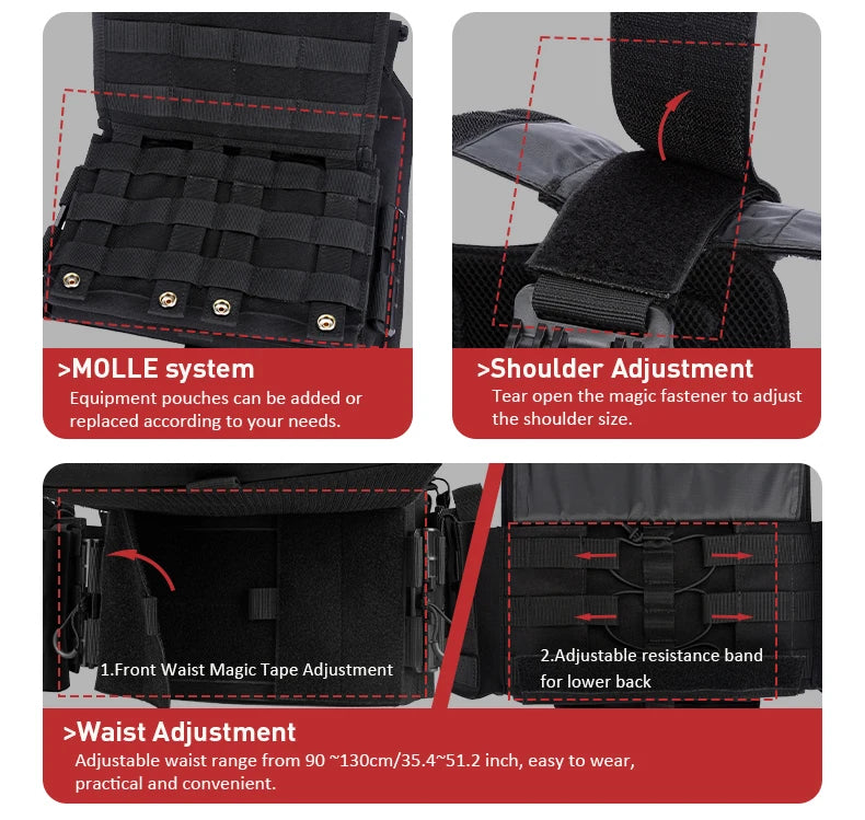 Tactical plate carrier vest featuring a MOLLE system, shoulder adjustment, and waist adjustment features.