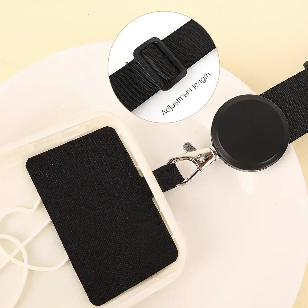 Black universal adjustable phone lanyard with a neck strap and clip shown on a white surface.