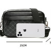 A black patterned shoulder clutch bag with a white iPhone placed inside, shown with dimensions.