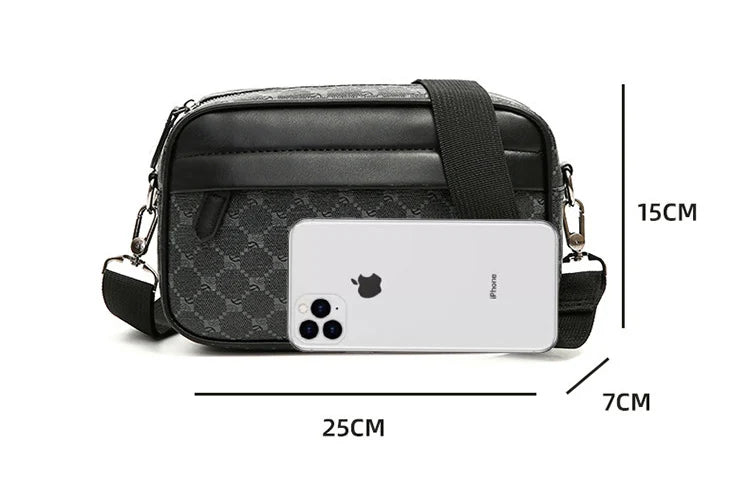 A black patterned shoulder clutch bag with a white iPhone placed inside, shown with dimensions.