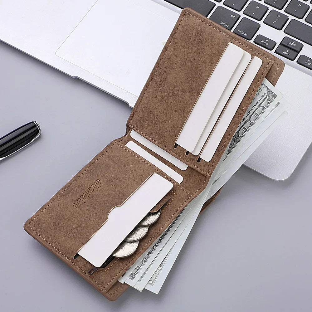 A brown PU leather wallet with a cartoon print is shown next to a laptop keyboard and some cash.