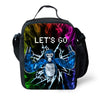 Sac à dos noir avec un graphique vibrant d'un gorille aux accents violets et verts lumineux.