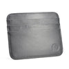 A gray genuine leather slim card holder wallet with stitched lines and a subtle embossed logo.