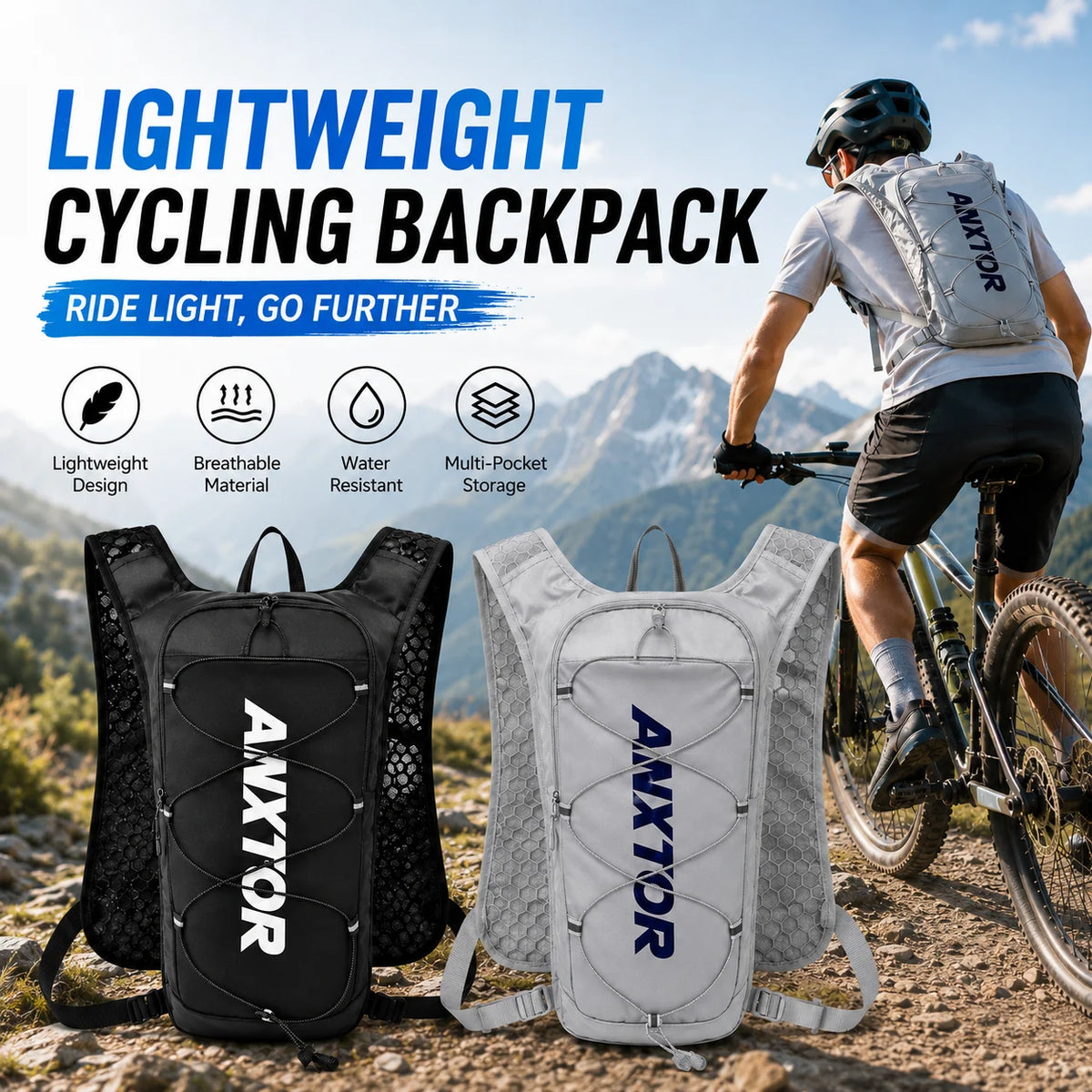 A man wearing a cycling backpack is shown with various lightweight options for cycling and outdoor activities.