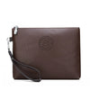 A dark brown PU leather men's clutch wallet with a silver clasp and leather strap.
