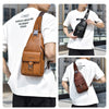 A man wears a brown leather belt sling chest bag on a white t-shirt, featuring the text Sanding Creation The Rising Studio.