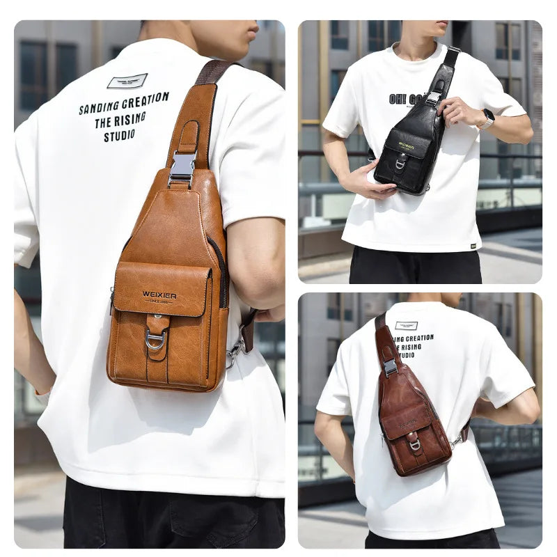 A man wears a brown leather belt sling chest bag on a white t-shirt, featuring the text Sanding Creation The Rising Studio.