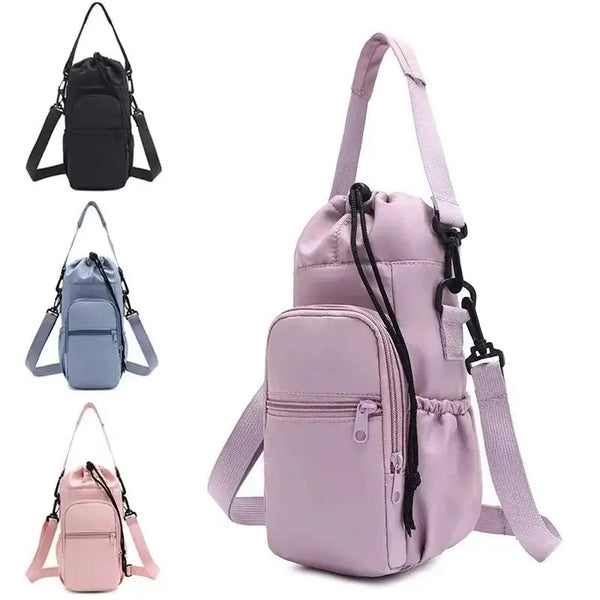 Three versions of an adjustable strap thermal water bottle bag in various shades of pink and purple.