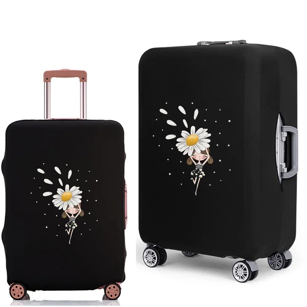 A black suitcase features a white daisy design on the side, shown from the side.