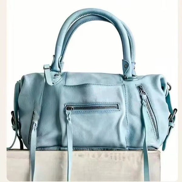 Light blue retro motorcycle PU leather crossbody shoulder bag with a handle