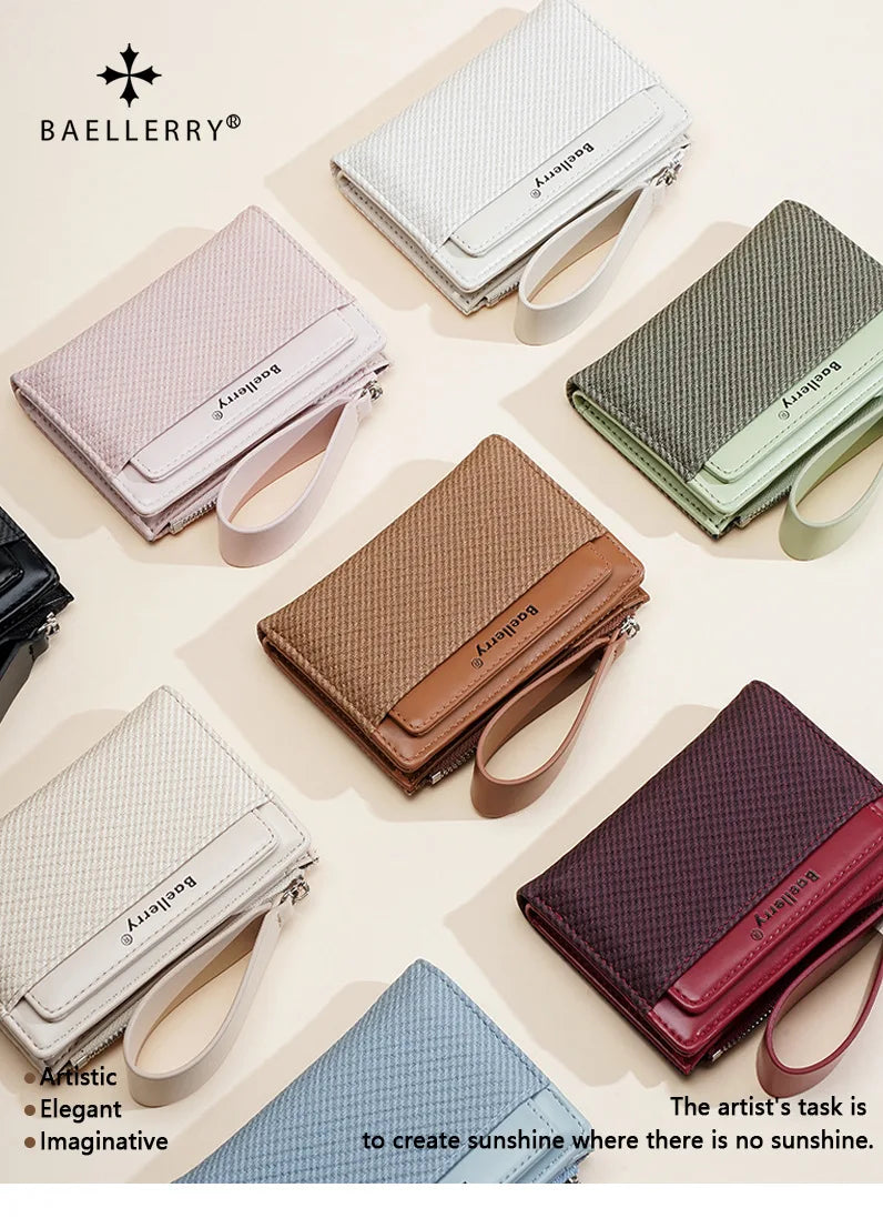 A collection of women's zip-around wallets in various colors including pink, olive green, brown, and burgundy.
