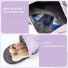 A women's waterproof travel duffel bag showing dry and wet separation features and a separate shoe compartment.
