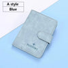 A blue leather passport and ID holder cover with a flap on a light blue background.