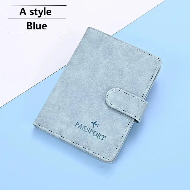 A blue leather passport and ID holder cover with a flap on a light blue background.
