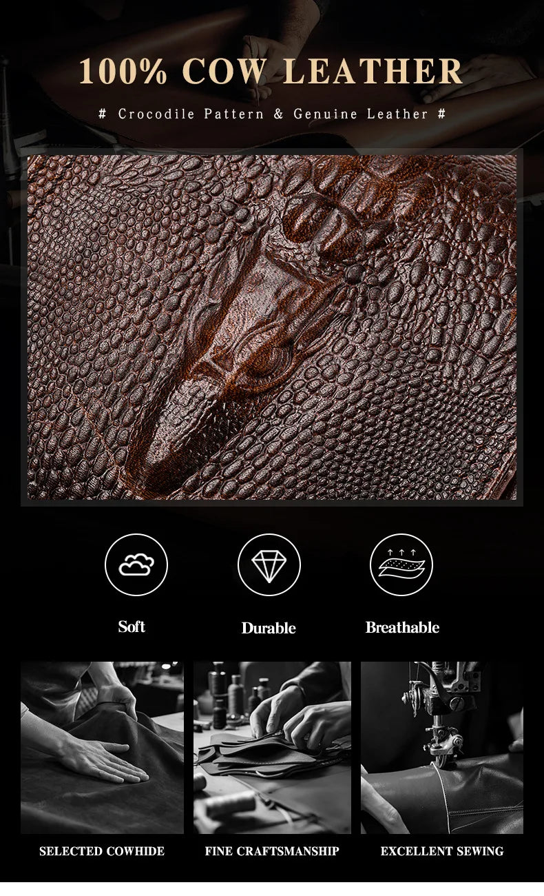 Close-up of brown crocodile pattern cow leather texture showing soft durable and breathable qualities