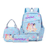 A pink and blue multi-compartment casual backpack featuring a patterned fabric and purple accents.