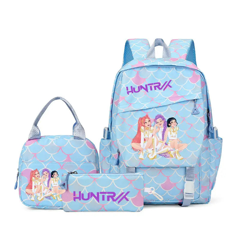 A pink and blue multi-compartment casual backpack featuring a patterned fabric and purple accents.