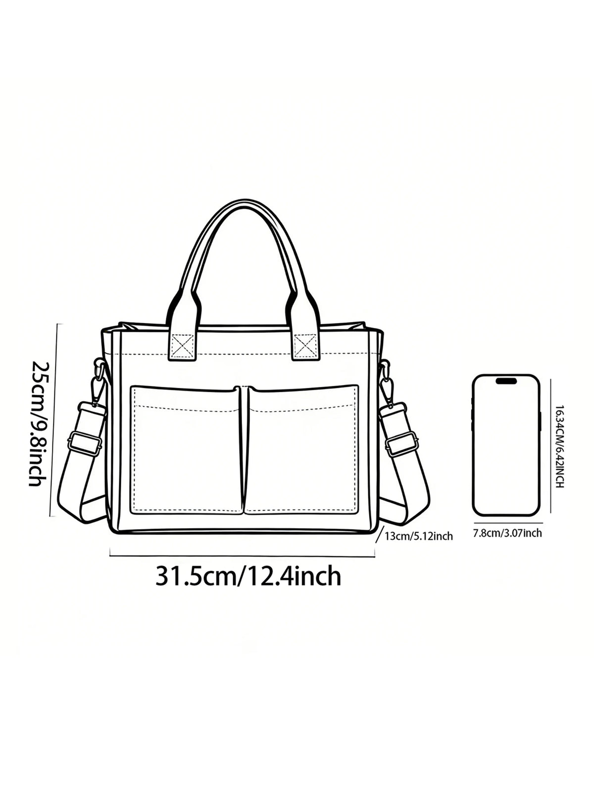 Diagramme montrant les dimensions d'un sac cabas en velours côtelé rose à pois, incluant sa hauteur et sa largeur.