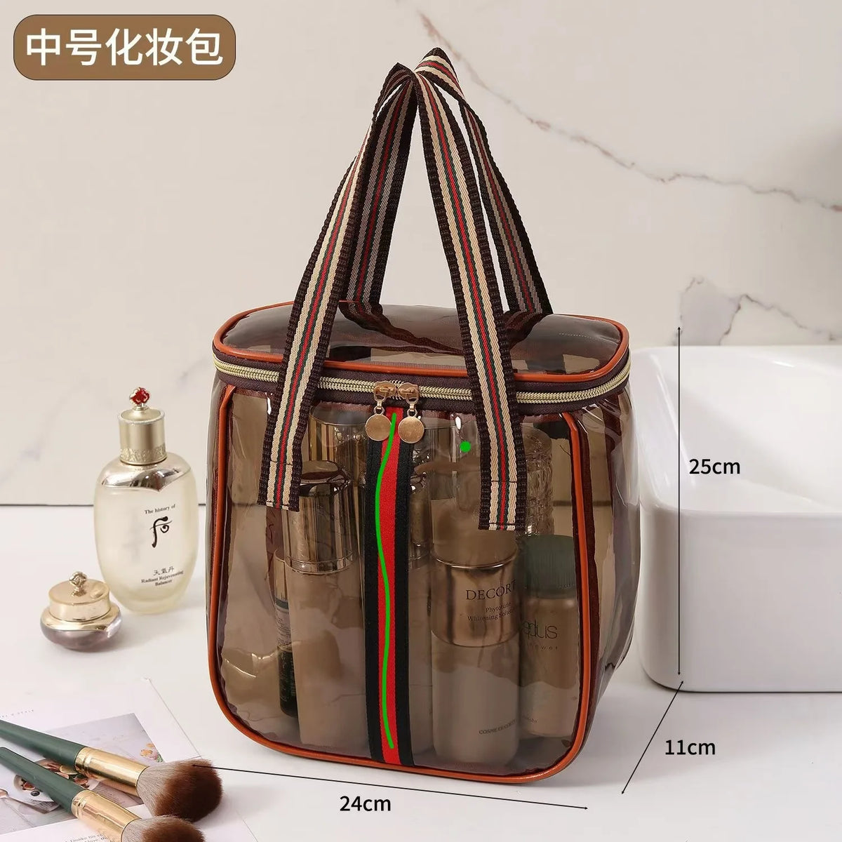 A clear plastic toiletry bag with brown and black striped fabric handles containing various grooming products.