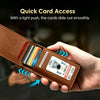 A hand holds a brown leather card holder wallet with several cards sliding out smoothly.