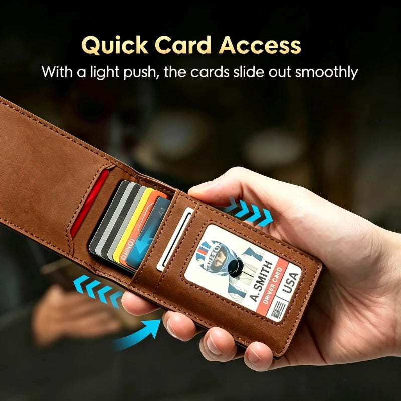 A hand holds a brown leather card holder wallet with several cards sliding out smoothly.