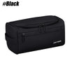 A black, large water-resistant travel toiletry bag is shown from the side.