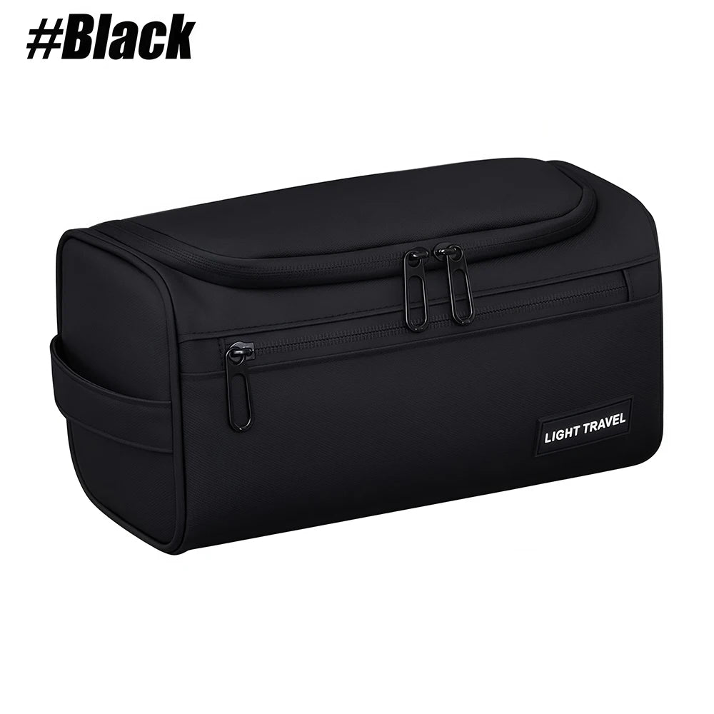 A black, large water-resistant travel toiletry bag is shown from the side.