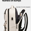 A beige and black computer layer backpack designed for anti-collision protection.