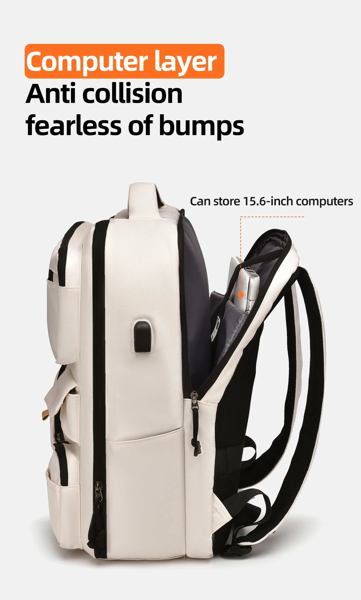 A beige and black computer layer backpack designed for anti-collision protection.