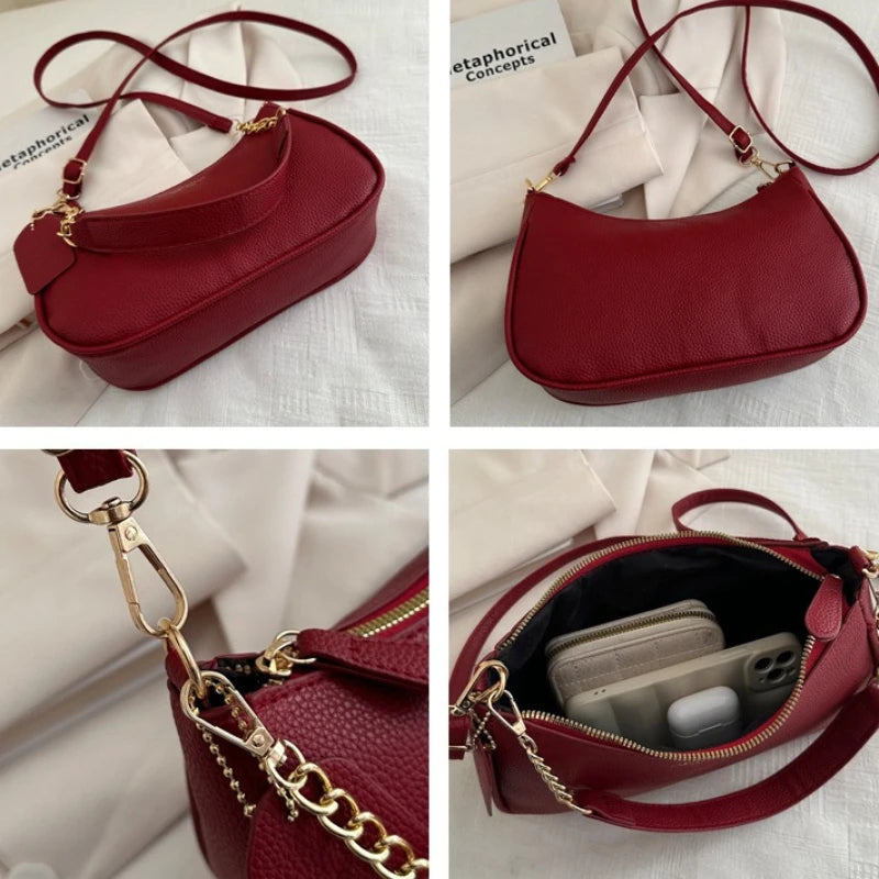 A deep red leather shoulder bag with a gold chain pendant shown in various angles.